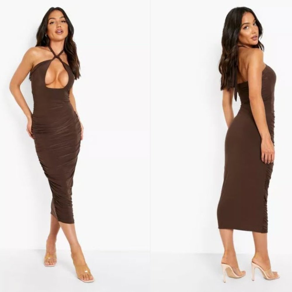 DOUBLE SLINKY HALTERNECK CUT OUT MIDAXI DRESS - Size 12